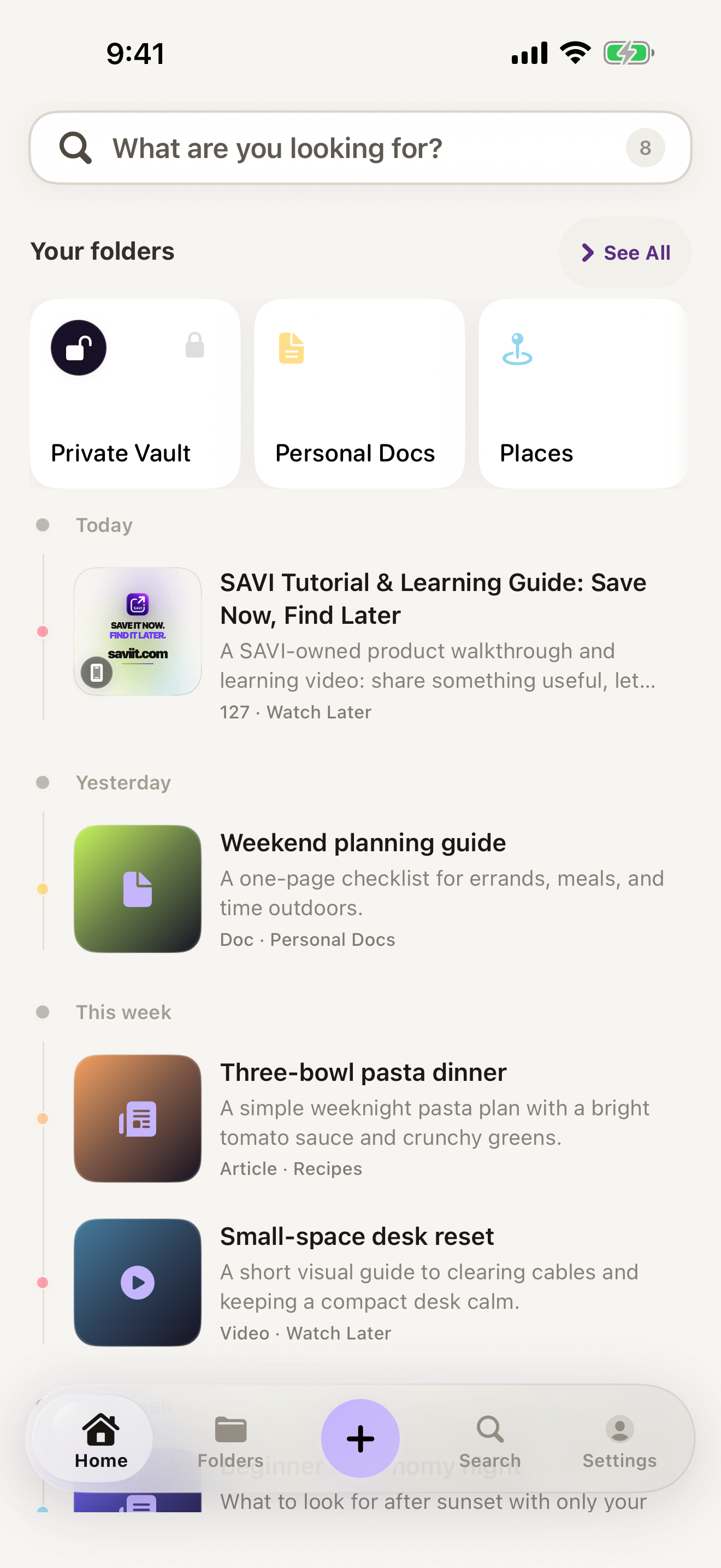 Real SAVI build-193 Home screen with safe SAVI-owned saves organized newest first