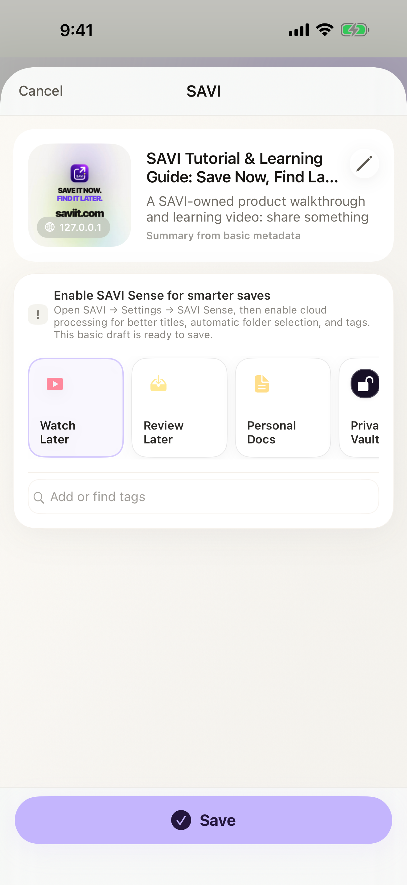Real SAVI build-193 resolved Share screen with title, summary, folder, and enabled Save button