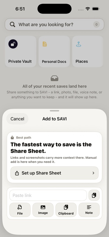The latest SAVI Add to SAVI sheet with Share Sheet setup and quick save options