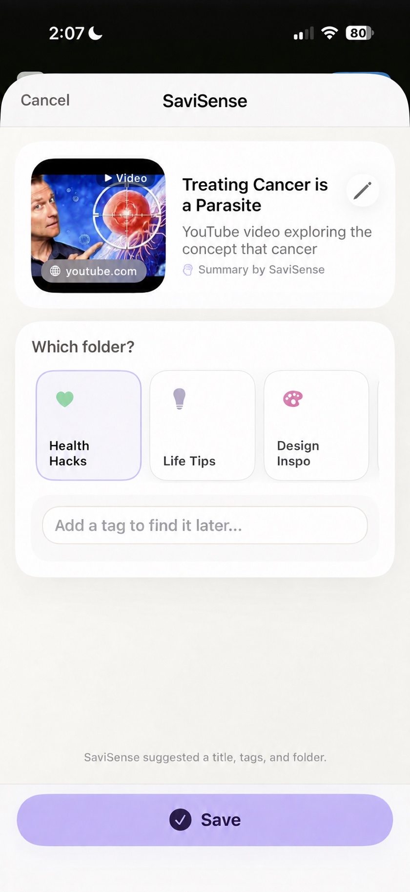 savisense review screen for the same YouTube video with a suggested Health Hacks folder and Save button