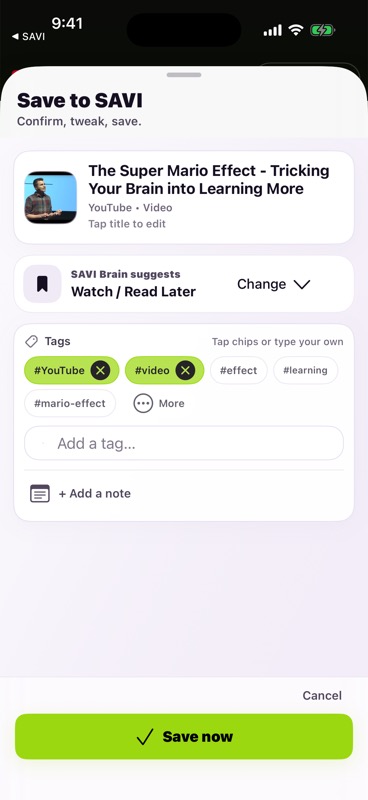 Real SAVI save screen with title, smart tags, and Watch Read Later folder suggestion