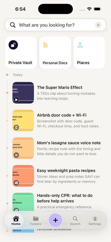 The latest SAVI home screen with folders, recent saves, and Home, Folders, Add, Search, Settings tabs