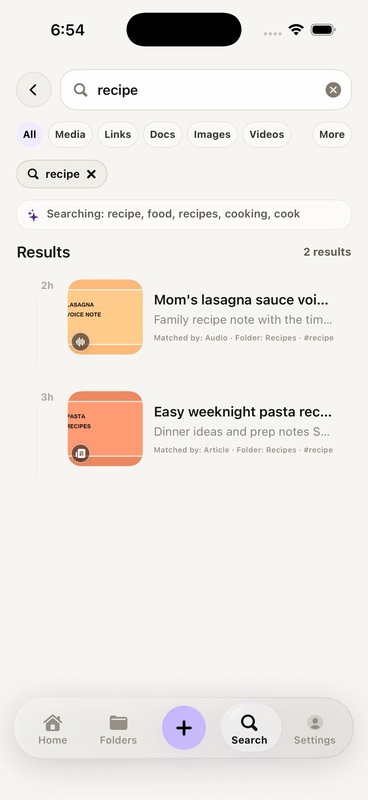 The latest SAVI search screen showing recipe results and matched reasons