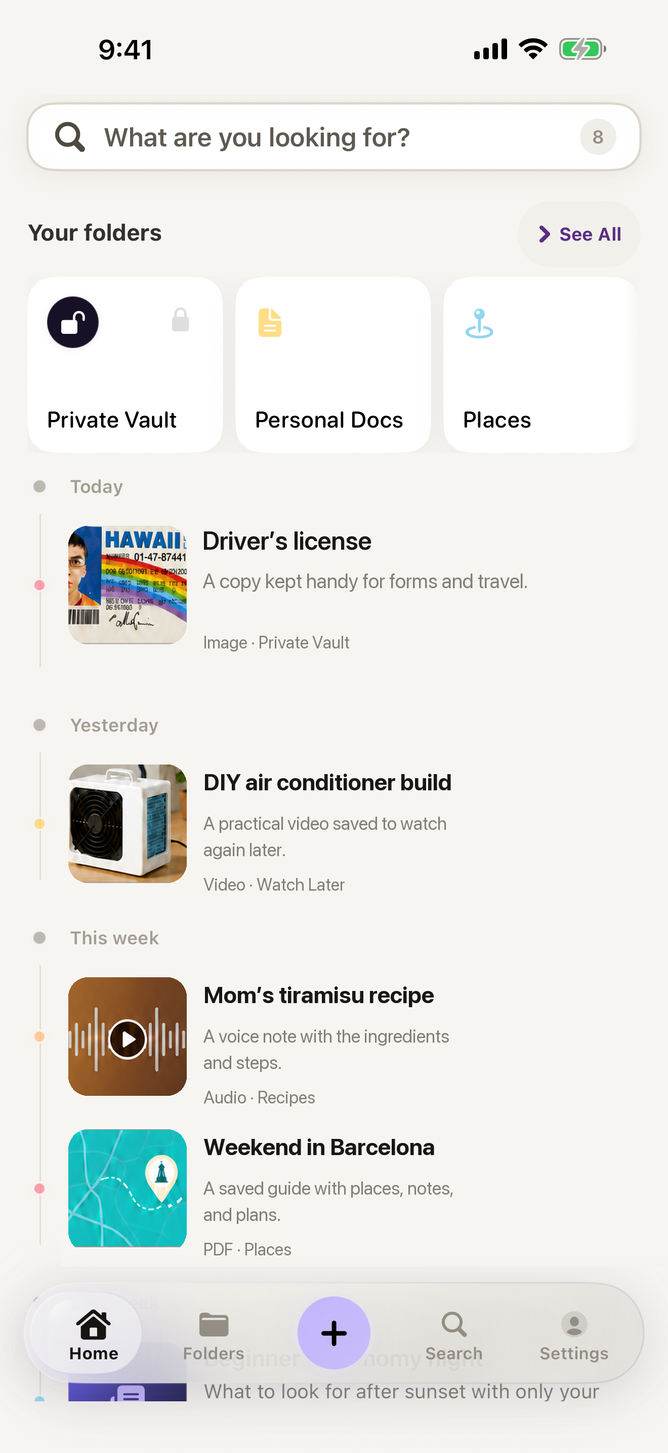 Illustrative SAVI Home example using the current app layout with a driver's license in the Private Vault plus video, recipe, and travel thumbnails
