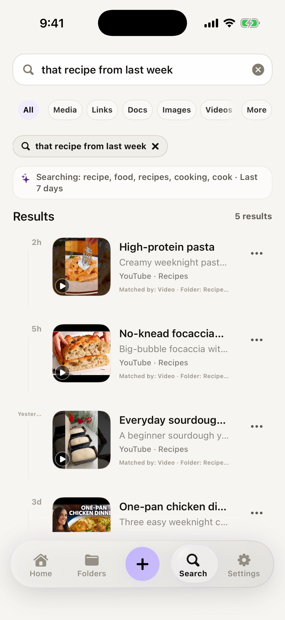 SAVI natural-language search for the phrase that recipe from last week, understood as recipes from the last 7 days, with real video thumbnails in the results