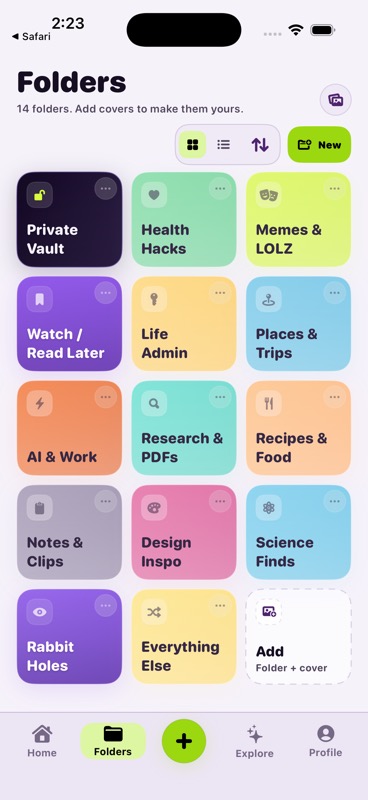 SAVI Folders screen with 14 colored folders