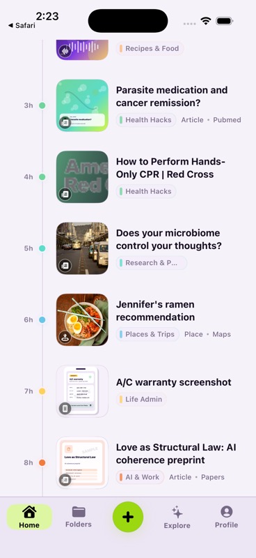 SAVI Home timeline showing saved research, recipes, screenshots, and places
