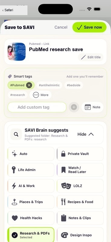 SAVI save sheet showing a PubMed research save with smart tags and folder choices