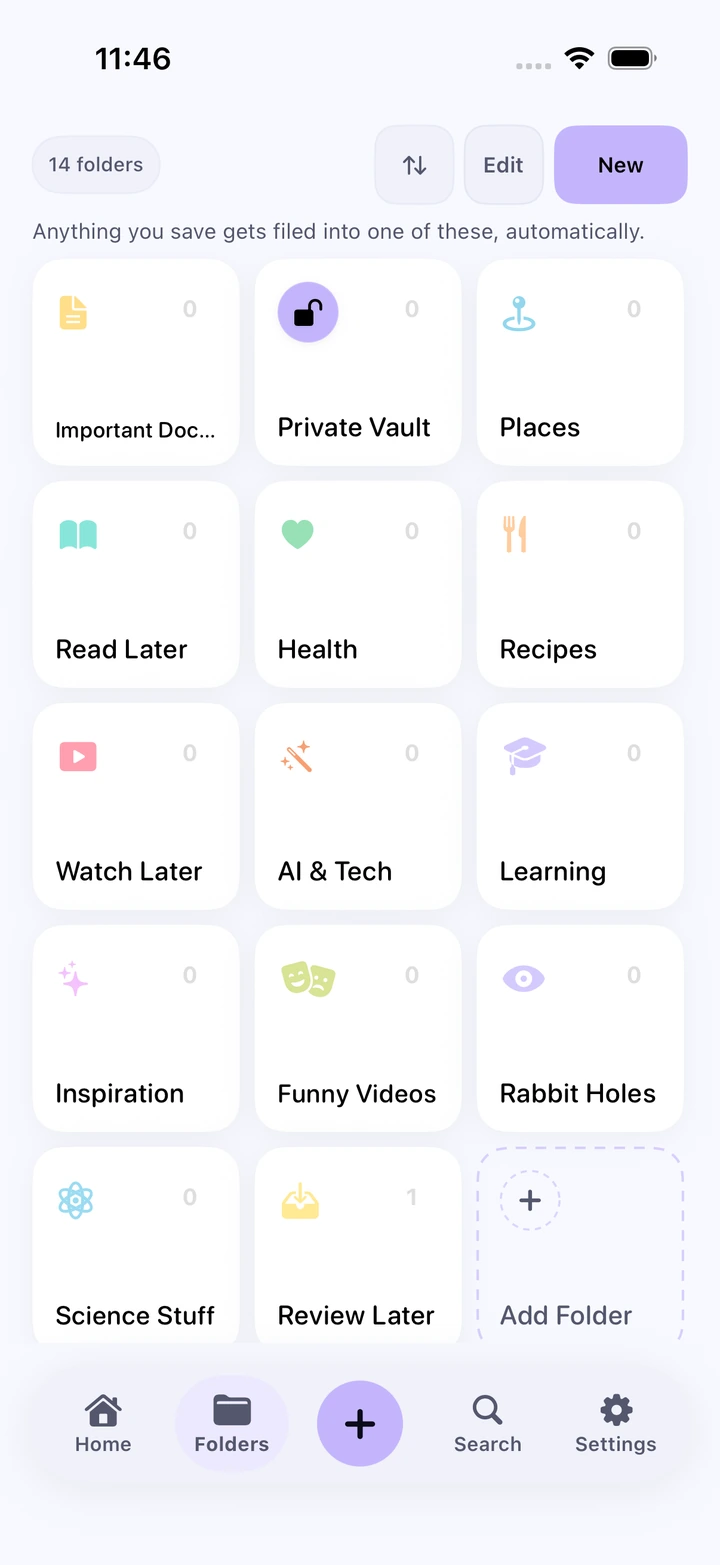Current SaviSense Folders screen showing documents, Private Vault, places, reading, health, recipes, videos, and learning