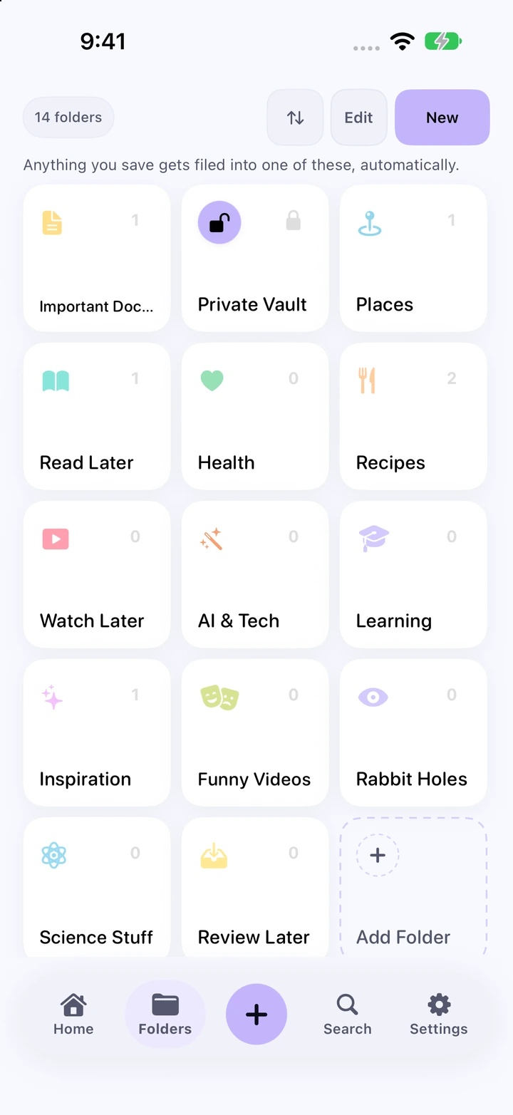 Current SaviSense Folders screen with categorized saves in Important Documents, Places, Read Later, Recipes, and Inspiration
