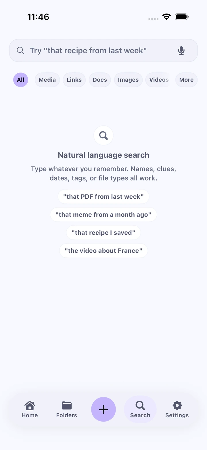 Current SaviSense natural-language search screen with examples for finding a PDF, meme, recipe, or video using the details you remember